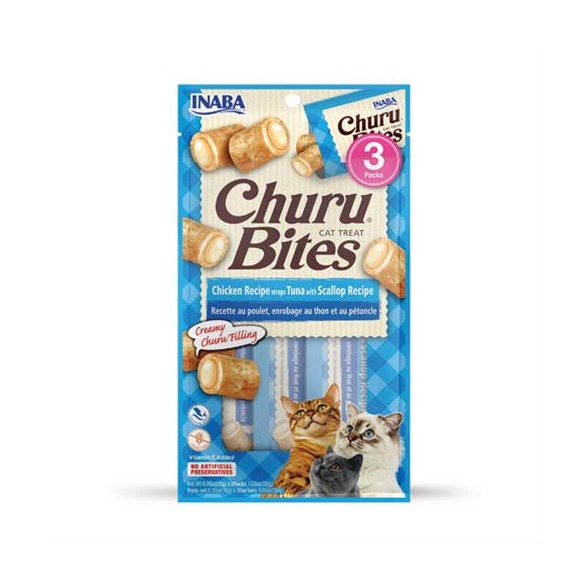 Pamlsok Inaba Churu Bites cat Kura s tuniakom a hrebenatkou 3 tuby 30 g